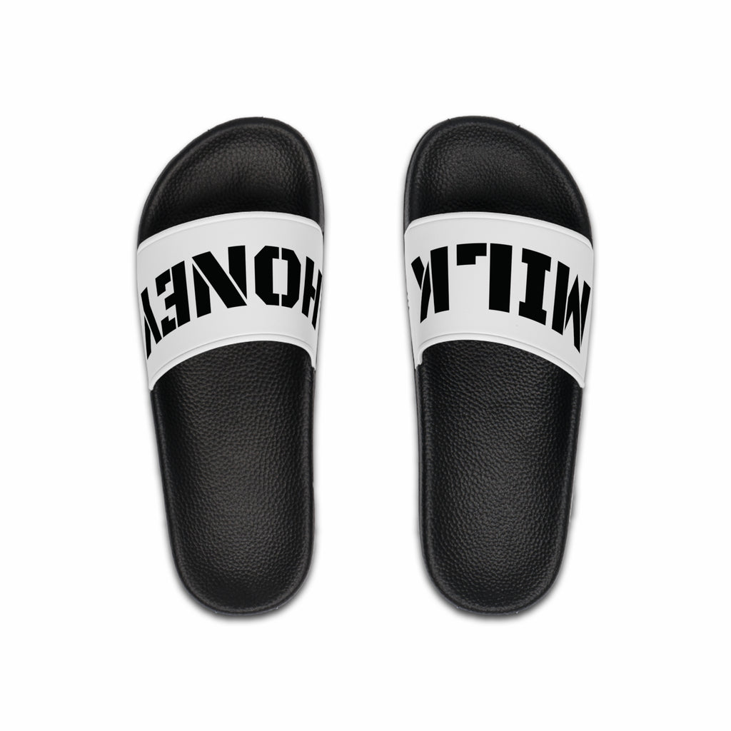 MILK HONEY Slide Sandals | Bold Typography, Black White Pool Slides