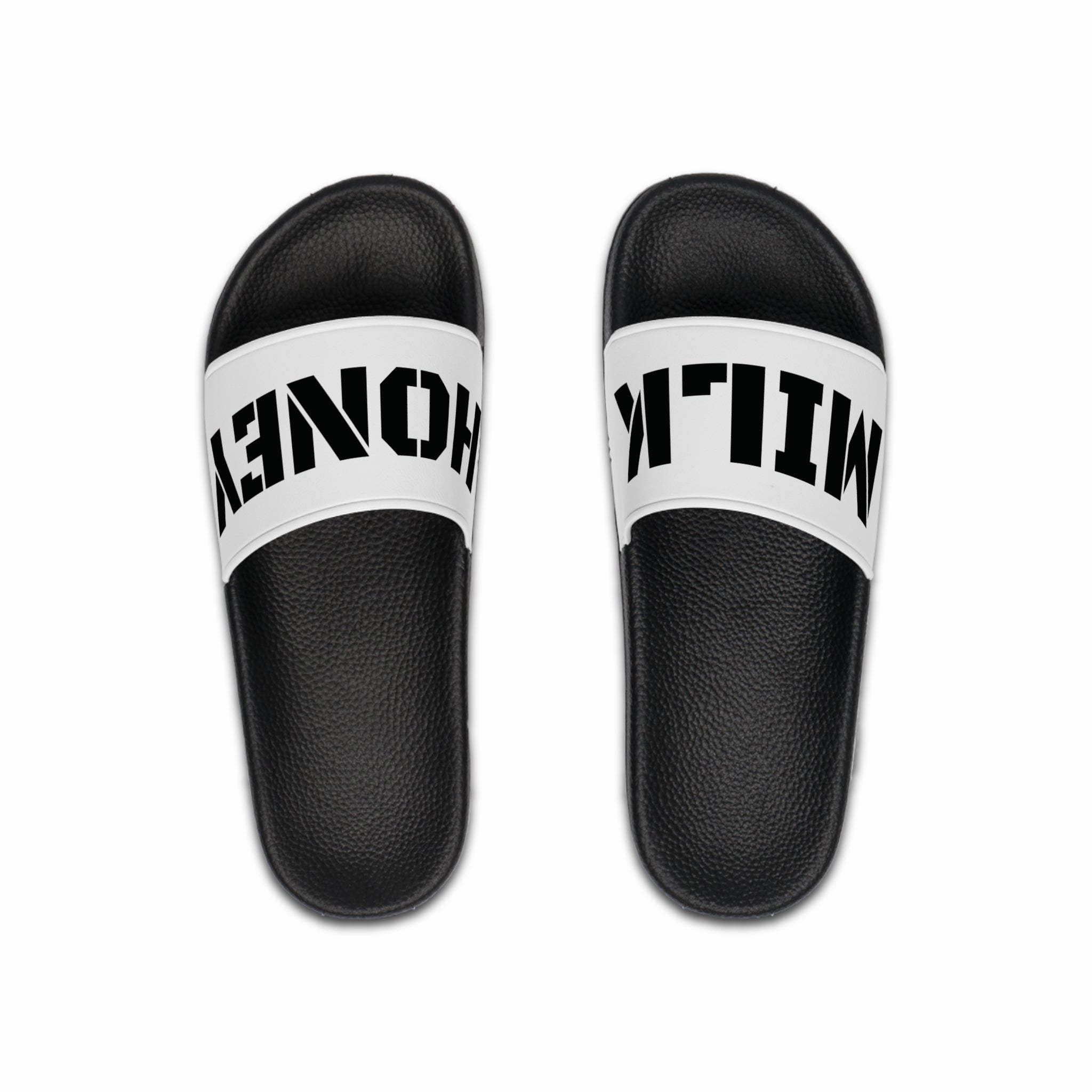 MILK HONEY Slide Sandals | Bold Typography, Black White Pool Slides