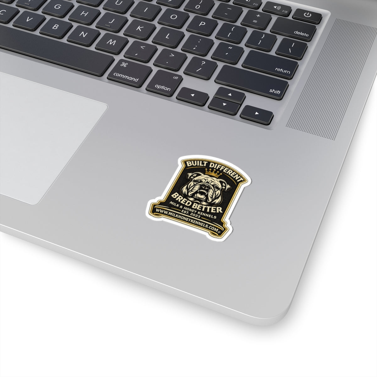 Bulldog King Kiss-Cut Sticker — Cute Crowned Pup with Bone, Waterproof Laptop Decal