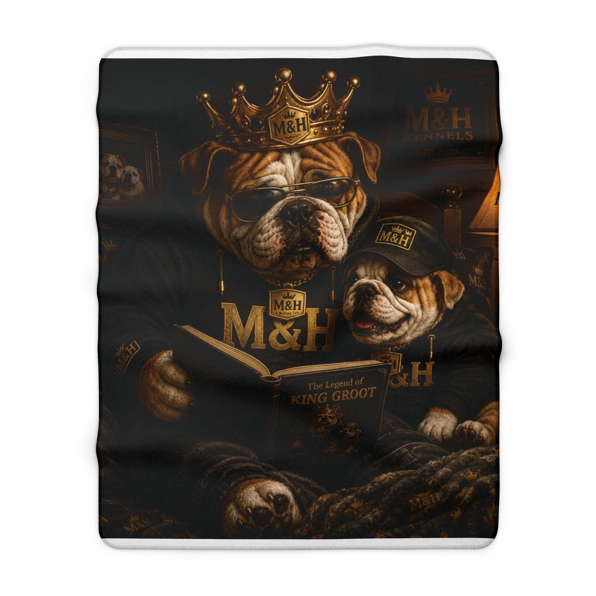 Bulldog King Portrait Sherpa Fleece Blanket | Regal Crowned Dogs, Cozy Throw