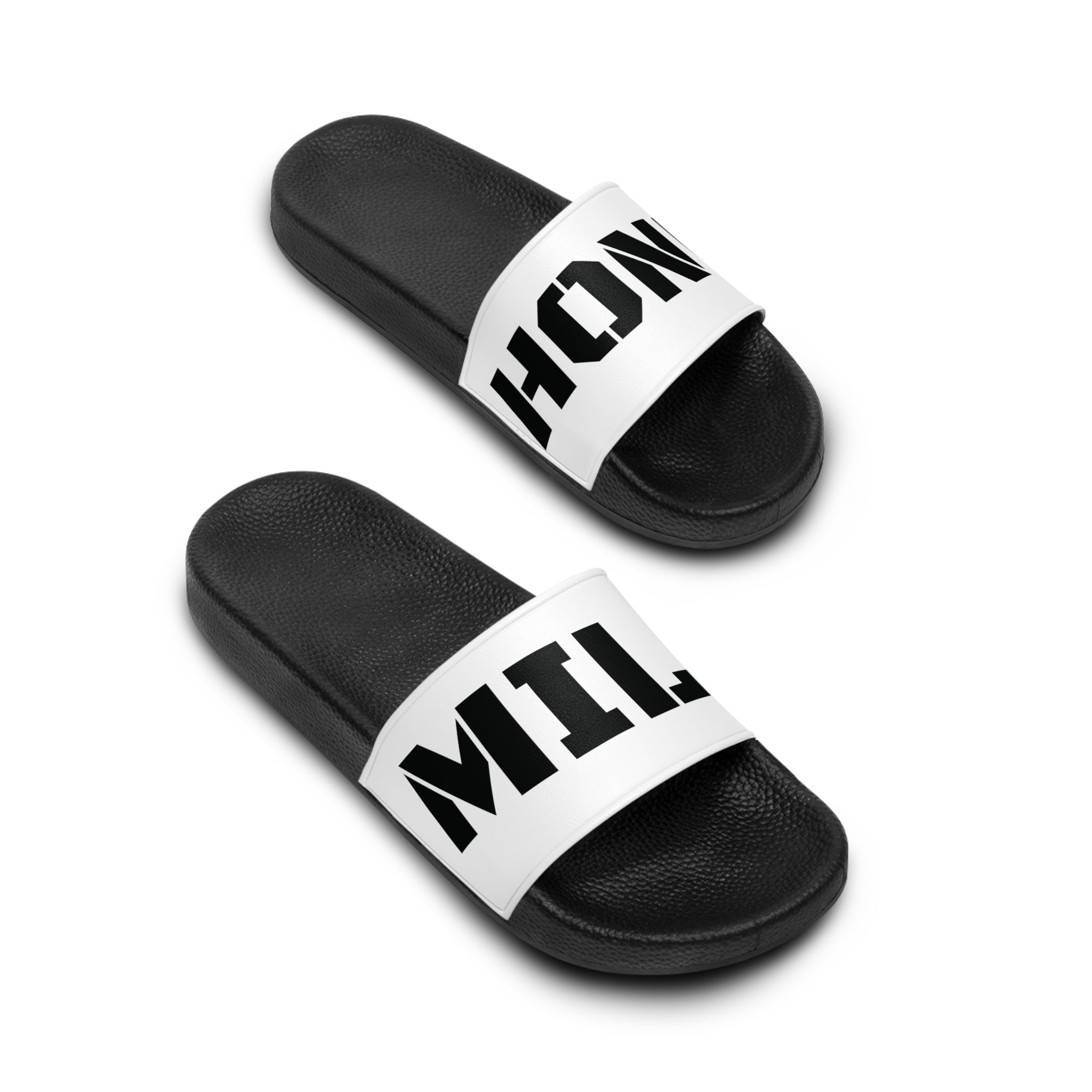 MILK HONEY Slide Sandals | Bold Typography, Black White Pool Slides