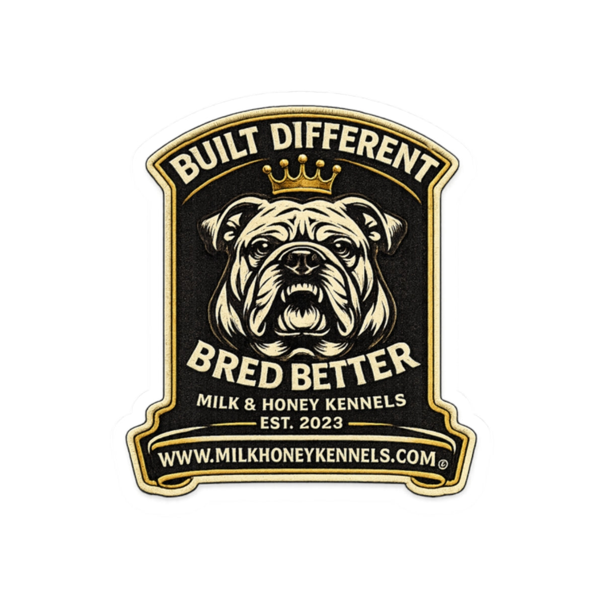 Bulldog King Kiss-Cut Sticker — Cute Crowned Pup with Bone, Waterproof Laptop Decal