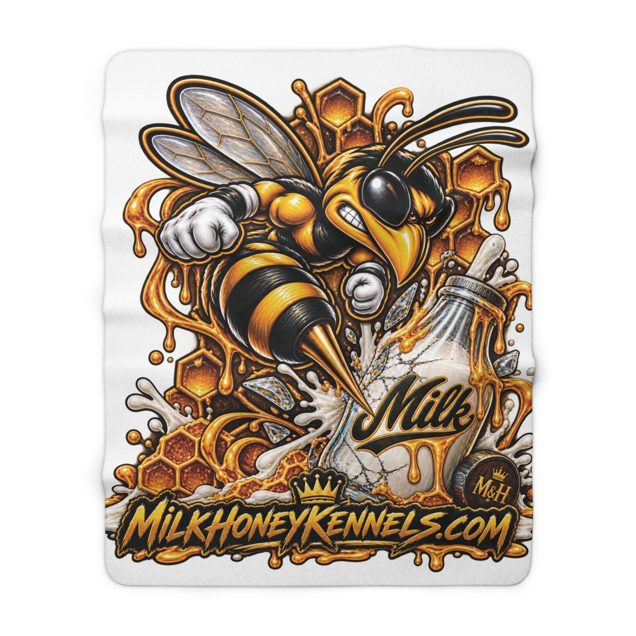 M&H Angry Bee Logo Sherpa Blanket — Milk Honey Kennels Logo Fleece