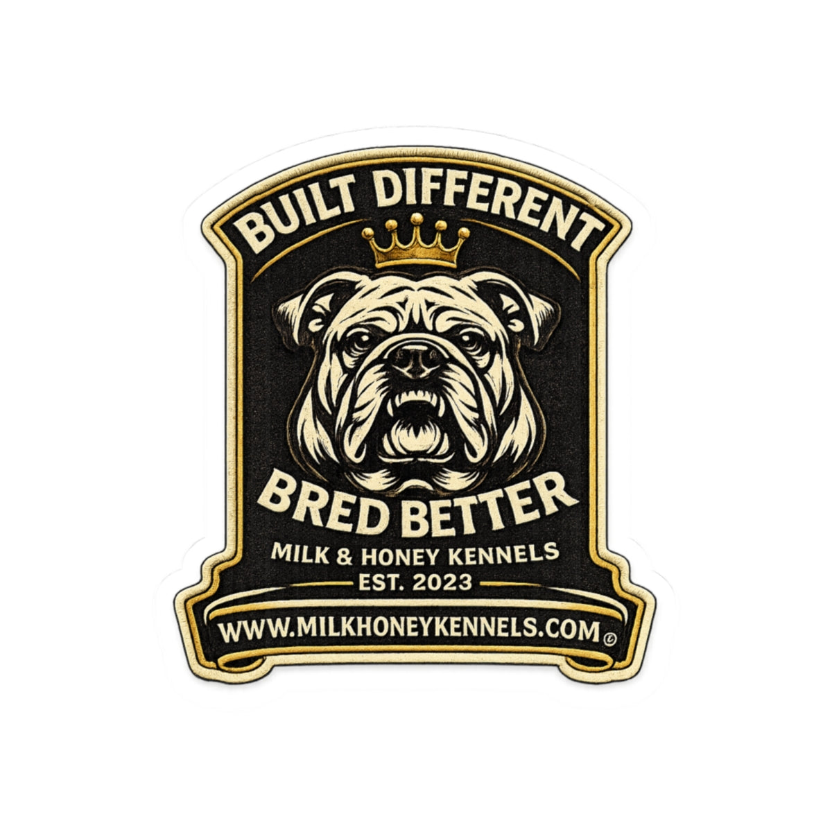 Bulldog King Kiss-Cut Sticker — Cute Crowned Pup with Bone, Waterproof Laptop Decal