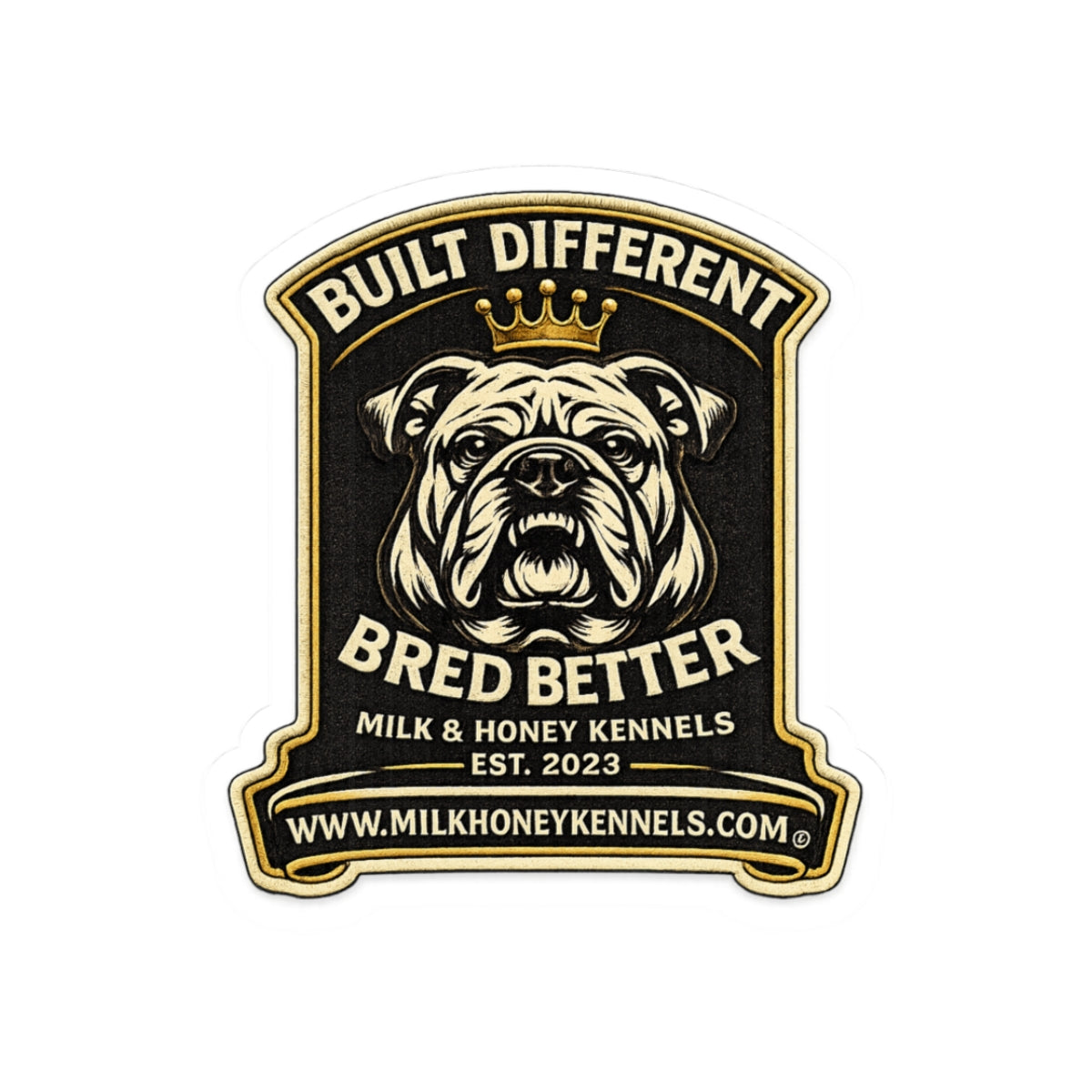 Bulldog King Kiss-Cut Sticker — Cute Crowned Pup with Bone, Waterproof Laptop Decal