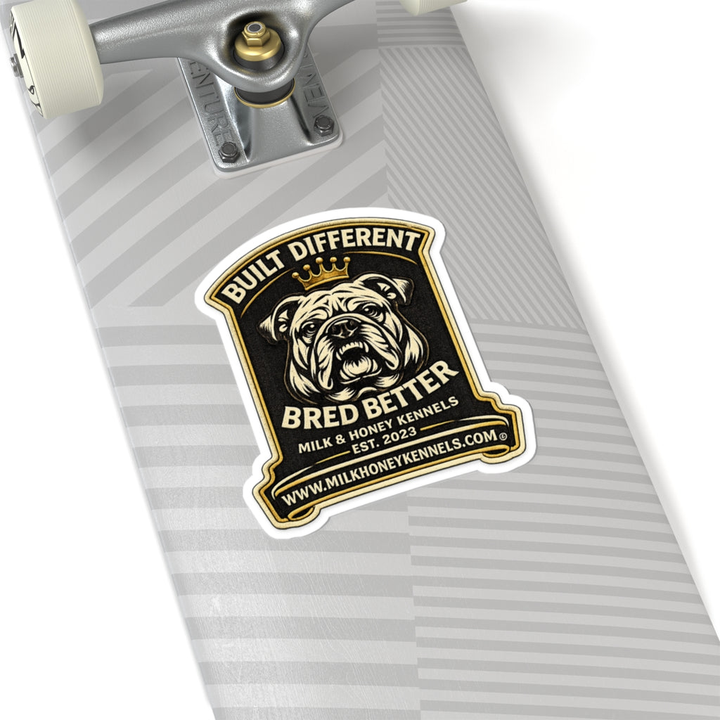 Bulldog King Kiss-Cut Sticker — Cute Crowned Pup with Bone, Waterproof Laptop Decal