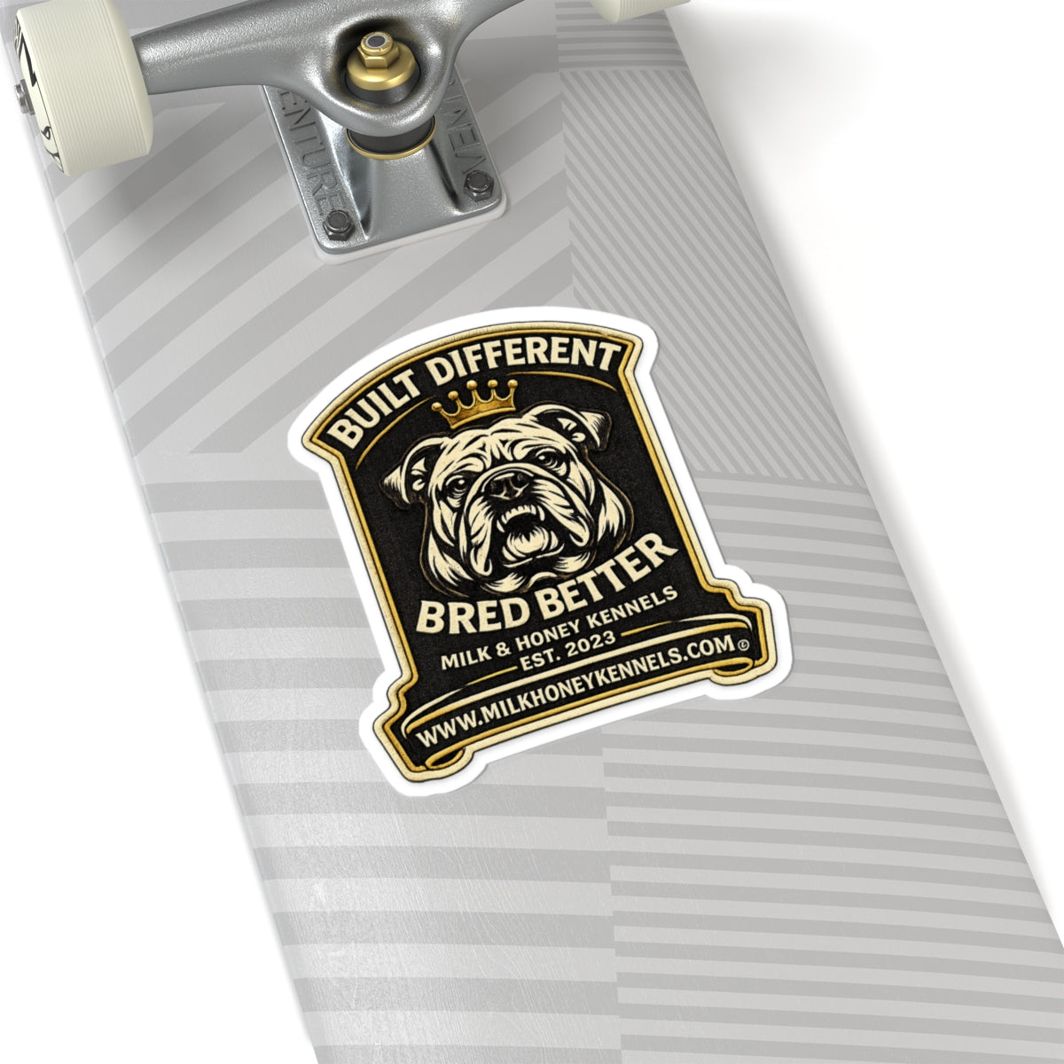 Bulldog King Kiss-Cut Sticker — Cute Crowned Pup with Bone, Waterproof Laptop Decal