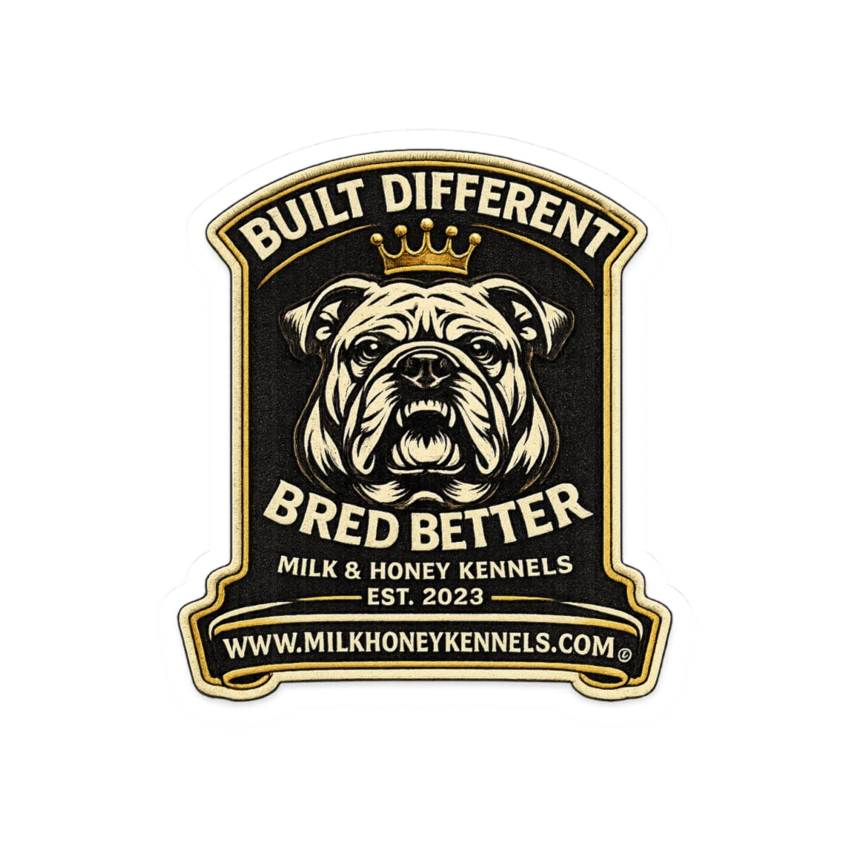 Bulldog King Kiss-Cut Sticker — Cute Crowned Pup with Bone, Waterproof Laptop Decal