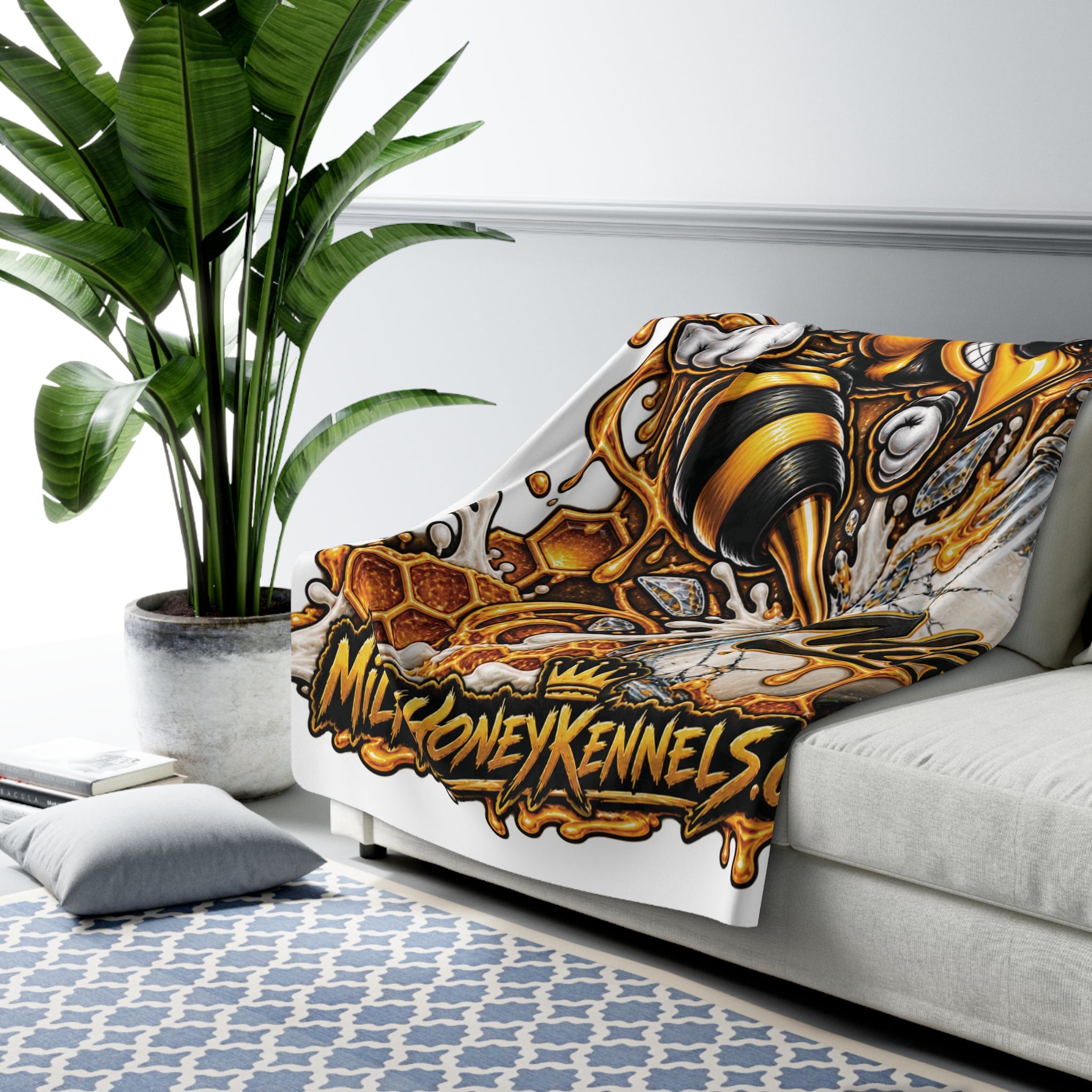 M&H Angry Bee Logo Sherpa Blanket — Milk Honey Kennels Logo Fleece